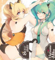 Rule 34 | 2girls, :3, :q, animal ears, arm up, bad id, bad pixiv id, blonde hair, blue eyes, breasts, breasts apart, candy, cat ears, cat tail, character name, dakimakura (medium), elreyiens, food, green eyes, green hair, hatsune miku, highres, lollipop, long hair, looking back, medium breasts, multiple girls, nail polish, navel, necktie, panties, seeu, striped clothes, striped panties, tail, tattoo, thighhighs, tongue, tongue out, underwear, vocaloid