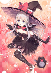 Rule 34 | 10s, 1girl, arm ribbon, bat wings, black dress, black gloves, black thighhighs, blonde hair, blue eyes, bow, breasts, cat, clothing cutout, collarbone, culter, demon tail, dress, elbow gloves, fangs, gloves, hair bow, hat, highres, leg ribbon, long hair, looking at viewer, melty (shining hearts), navel, navel cutout, open mouth, pointy ears, ribbon, shining (series), shining hearts, silver hair, small breasts, solo, sorbe (shining hearts), tail, thighhighs, very long hair, wings, witch hat, zettai ryouiki