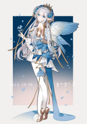 Rule 34 | 1girl, angel wings, artist name, bare shoulders, blue background, blue dress, blue eyes, blue flower, braid, breasts, closed mouth, crossed legs, crown braid, crown hair ornament, dated, detached sleeves, dress, falling petals, flower, french braid, from side, full body, gradient background, hair flower, hair ornament, hair ribbon, holding, holding flower, layered dress, long hair, looking at viewer, looking to the side, multicolored clothes, multicolored dress, original, pantyhose, petals, pleated dress, pleated sleeves, pointy ears, ribbon, short dress, signature, solo, standing, tiptoes, very long hair, white background, white dress, white hair, white pantyhose, wide sleeves, wings, yellow ribbon, yua (tick-tack)