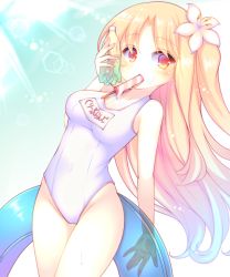 Rule 34 | 1girl, azur lane, blonde hair, blue hair, blue innertube, blush, bottle, breasts, cleveland (azur lane), collarbone, covered navel, flower, food, food in mouth, gradient hair, groin, hair flower, hair ornament, highleg, highleg swimsuit, holding, holding bottle, holding swim ring, innertube, long hair, looking at viewer, medium breasts, mouth hold, multicolored hair, name tag, one-piece swimsuit, one side up, parted bangs, popsicle, red eyes, sakurato ototo shizuku, school swimsuit, solo, swim ring, swimsuit, transparent, very long hair, water bottle, wet, white flower, white one-piece swimsuit, white school swimsuit
