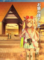 Rule 34 | 1girl, agnes digital (umamusume), alternate costume, animal ears, bag, blue eyes, camera, casual, collarbone, comiket 100, commentary request, hair ornament, highres, horse ears, horse tail, long hair, looking at viewer, paper bag, pink hair, serious, solo focus, sunset, tail, thighhighs, tokyo big sight, tsuji tomoko, twitter username, umamusume