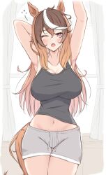 Rule 34 | 1girl, absurdres, alternate costume, animal ears, armpits, arms up, black tank top, blush, breasts, brown hair, cleavage, commentary request, cowboy shot, curtains, grey shorts, hair between eyes, highres, himuraanzu, horse ears, horse girl, horse tail, indoors, large breasts, looking at viewer, midriff, multicolored hair, navel, one eye closed, open mouth, purple eyes, shorts, solo, squeans, streaked hair, symboli rudolf (umamusume), tail, tank top, umamusume, waking up, white hair, yawning