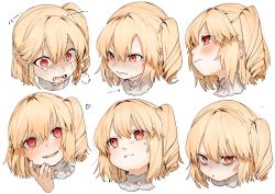 Rule 34 | 1girl, :d, anger vein, bags under eyes, blonde hair, blush, commentary, crying, crying with eyes open, expressions, fang, flandre scarlet, gotou (nekocat), hair between eyes, hand up, head tilt, heart, highres, looking at viewer, multiple views, no headwear, one side up, open mouth, pointy ears, red eyes, short hair, sidelocks, simple background, smile, symbol-only commentary, tears, touhou, v-shaped eyebrows, white background