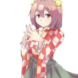 Rule 34 | 1girl, apron, bell, character name, checkered clothes, checkered kimono, checkered shirt, clothes writing, cosplay, ginnkei, hair bell, hair ornament, hieda no akyuu, japanese clothes, jingle bell, kimono, long sleeves, looking at viewer, motoori kosuzu, motoori kosuzu (cosplay), red eyes, shirt, simple background, solo, steepled fingers, touhou, two side up, white background, wide sleeves