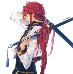 Rule 34 | 1boy, aaron wei, cropped jacket, curtained hair, dual wielding, eiyuu densetsu, from side, full body, highres, holding, holding sword, holding weapon, kuro no kiseki, miche (locominima), pommel tassel, ponytail, red eyes, shoes, simple background, solo, sword, tassel, upper body, weapon, white background, yellow eyes