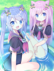 Rule 34 | ass, black shirt, blue eyes, blue one-piece swimsuit, d omm, fang, hair horns, hair ornament, hairclip, knee up, legs, long hair, looking at viewer, no pants, one-piece swimsuit, open mouth, original, outdoors, pink hair, purple hair, school swimsuit, school uniform, serafuku, shirt, siblings, sisters, sitting, smile, swimsuit, swimsuit under clothes, thighs, twins, twintails, two side up, wading pool, water, white one-piece swimsuit
