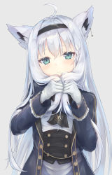 Rule 34 | 1girl, ahoge, animal ear fluff, animal ears, ascot, blue jacket, blush, braid, commentary request, corset, earrings, fox ears, fox girl, gloves, green eyes, hair between eyes, hairband, highres, holding, holding own hair, hololive, jacket, jewelry, long hair, looking at viewer, open clothes, open jacket, parufeito, shirakami fubuki, shirakami fubuki (aristocrat kei), shirt, sidelocks, simple background, single braid, smile, solo, upper body, virtual youtuber, white background, white gloves, white hair, white shirt