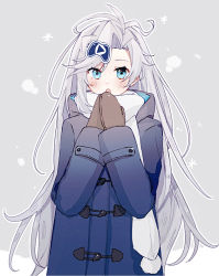Rule 34 | 1girl, 3pm, alternate costume, black mittens, blue eyes, blue jacket, blush, controller hair ornament, grey background, hood, hooded jacket, jacket, long hair, mittens, obake pam, open mouth, playasia, scarf, silver hair, snowflakes, solo, very long hair, virtual youtuber, white scarf