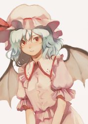 Rule 34 | 1girl, bat wings, blue hair, curly hair, frilled shirt, frilled shirt collar, frilled sleeves, frills, grey background, hat, hat ribbon, highres, kagari (kgr 000), leaning to the side, light blue hair, looking at viewer, mob cap, parted lips, pink hat, pink shirt, pink skirt, puffy short sleeves, puffy sleeves, red eyes, red ribbon, remilia scarlet, ribbon, ribbon-trimmed headwear, ribbon trim, shirt, short hair, short sleeves, simple background, skirt, solo, spread wings, teeth, touhou, upper body, wings