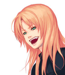 Rule 34 | 1girl, aqua eyes, bags under eyes, evil grin, evil smile, fang, grin, lips, lipstick, long hair, makeup, mustard seeds, open mouth, orange hair, original, simple background, smile, solo, teeth, white background, yuuji (and)