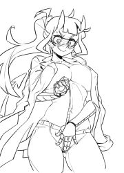 Rule 34 | 1girl, @ @, ahoge, blush, closed mouth, coat, collarbone, covered erect nipples, demon horns, demon tail, goggles, greyscale, helltaker, horns, lab coat, loremaster (helltaker), lw goombang, measuring, monochrome, navel, open clothes, open coat, simple background, sketch, solo, sweat, tail, tape measure, wavy mouth, white background, wide-eyed