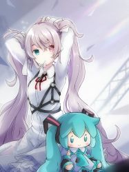 Rule 34 | 1girl, 25-ji miku, adjusting hair, akino coto, arms up, blush stickers, bow, character doll, dress, eyes visible through hair, hair bow, hatsune miku, heterochromia, highres, looking at viewer, project sekai, red bow, silver hair, solo, twintails, vocaloid, white bow