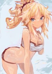 Rule 34 | 1girl, absurdres, aqua eyes, arched back, bandeau, black scrunchie, blonde hair, blue background, breasts, closed mouth, commentary request, cowboy shot, fate/apocrypha, fate (series), hair ornament, hair scrunchie, hand on own chest, high ponytail, highres, kaamin (mariarose753), leaning forward, long hair, looking at viewer, medium breasts, mordred (fate), mordred (fate/apocrypha), ponytail, scrunchie, smirk, solo, standing, tsurime, v-shaped eyebrows, white bandeau