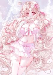 Rule 34 | 1girl, absurdres, bad id, bad twitter id, blush, bow, breasts, brown hair, cleavage, commentary request, commission, flower, hair flower, hair ornament, highres, korean text, large breasts, layered skirt, long hair, looking at viewer, navel, original, parted bangs, parted lips, pink flower, pink rose, pleated skirt, purple eyes, rose, skirt, smile, solo, tandohark, thighhighs, twitter username, very long hair, white bow, white skirt, white thighhighs