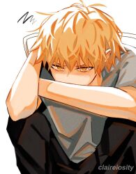 Rule 34 | 1boy, artist name, black pants, blonde hair, chainsaw man, claireiosity, covering own mouth, denji (chainsaw man), looking at viewer, male focus, pants, short hair, simple background, solo, white background, yellow eyes