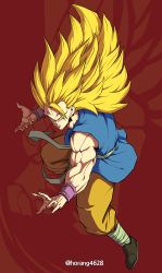 Rule 34 | 1boy, absurdres, bandaged leg, bandages, bare shoulders, blonde hair, closed mouth, dougi, dragon, dragon ball, dragonball z, fighting stance, glowing, glowing eye, green eyes, highres, horang4628, long hair, looking at viewer, male focus, muscular, muscular male, no eyebrows, purple wristband, red background, solo, son goku, spiked hair, super saiyan, super saiyan 3, twitter username, very long hair, wristband