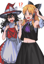 Rule 34 | !?, 2girls, alternate color, apron, ascot, bare shoulders, black bow, black hair, black skirt, blonde hair, blush, bow, braid, color switch, detached sleeves, hair bow, hair tubes, hakurei reimu, hat, hat bow, highres, japanese clothes, kirisame marisa, long hair, multiple girls, navel, nontraditional miko, noriuma, open mouth, puffy short sleeves, puffy sleeves, purple ascot, red eyes, red headwear, red skirt, red vest, ribbon-trimmed sleeves, ribbon trim, sarashi, shirt, short sleeves, sidelocks, simple background, single braid, skirt, touhou, vest, waist apron, white apron, white background, white bow, white shirt, white sleeves, wide sleeves, witch hat, yellow eyes