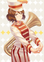 Rule 34 | 10s, 1girl, band uniform, braided cord, brown gloves, brown hair, cable, gloves, hat, hat feather, hibike! euphonium, highres, instrument, long sleeves, nail polish, norizc, oumae kumiko, shako cap, simple background, smile, solo, tuba, uniform