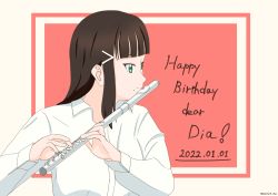 Rule 34 | 1girl, absurdres, aqua eyes, artist name, artist request, black hair, blunt bangs, breasts, collared shirt, female focus, flute, green eyes, hair ornament, hairclip, highres, holding, holding flute, holding instrument, instrument, kurosawa dia, long hair, long sleeves, looking at viewer, looking to the side, love live!, love live! sunshine!!, mole, mole under mouth, red background, shirt, small breasts, solo, upper body, white background, white shirt