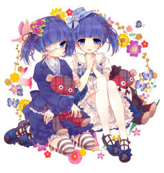 Rule 34 | 2girls, :d, blue eyes, blue hair, bow, bug, butterfly, cecile (magdala na maria), eyepatch, flower, hair flower, hair ornament, hat, hat bow, heart, heart necklace, highres, insect, jewelry, kneehighs, looking at viewer, magdala na maria, md5 mismatch, moriyama shijimi, multiple girls, necklace, open mouth, own hands together, skirt, smile, socks, striped clothes, striped legwear, striped thighhighs, stuffed animal, stuffed toy, teddy bear, thighhighs, twintails, white legwear