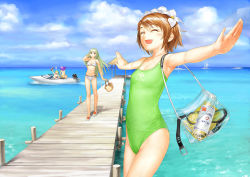 Rule 34 | 1boy, 3girls, ^ ^, bag, beach, bikini, blonde hair, boat, bottle, breasts, brown hair, buckle, closed eyes, cloud, day, flat chest, flower, garex, goggles, green one-piece swimsuit, hair flower, hair ornament, happy, long hair, multiple girls, ocean, one-piece swimsuit, open mouth, outdoors, outstretched arms, purple hair, short hair, sky, small breasts, smile, spread arms, swimsuit, transparent, walking, wallpaper, water, water bottle, watercraft, white bikini