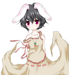 Rule 34 | 1girl, animal ears, arm ribbon, arms behind back, black hair, blush, dress, female focus, inaba tewi, jewelry, necklace, off shoulder, rabbit ears, red eyes, ribbon, short hair, simple background, solo, touhou, usa ooyake, usakou