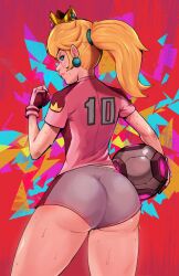 Rule 34 | 1girl, absurdres, ass, ball, blonde hair, blue eyes, breasts, gloves, highres, huge ass, large breasts, legs, looking at viewer, looking back, mario (series), mario strikers: battle league, nintendo, pink lips, ponytail, princess, princess peach, serious, shorts, soccer ball, soccer uniform, solo, sportswear, sweat, thighs, zukupow