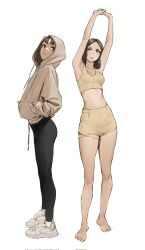Rule 34 | 1girl, armpits, arms up, barefoot, black leggings, breasts, brown eyes, brown hair, from side, full body, hands in pockets, highres, hood, hood up, hoodie, leggings, looking at viewer, midriff, multiple girls, multiple views, original, pants, parted lips, shoes, shorts, simple background, small breasts, sneakers, sports bra, standing, tbocart, toes, white background