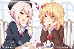 Rule 34 | &gt; &lt;, 2girls, :d, bad id, bad pixiv id, black dress, blonde hair, blush, bow, brown dress, cake, cake slice, chair, closed eyes, closed mouth, coffee, commentary request, cup, dress, facing another, feeding, food, hair bow, hands on own face, heart, light brown hair, long hair, looking at another, multiple girls, omuretsu, on chair, one side up, open mouth, original, red bow, red eyes, sailor collar, sailor dress, sitting, smile, striped clothes, striped dress, table, tongue, tongue out, vertical-striped clothes, vertical-striped dress, white sailor collar