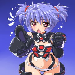 Rule 34 | 10s, 1girl, altines, bad id, bad pixiv id, blue background, blue hair, blush, busou shinki, dd (ijigendd), doll joints, elbow gloves, gloves, gradient background, joints, lightning bolt symbol, open mouth, pointing, purple hair, red eyes, short hair, solo, thighhighs, twintails