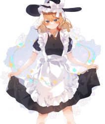 Rule 34 | 1girl, apron, bad id, bad twitter id, black hat, blonde hair, blue eyes, blush, border, bow, braid, closed mouth, collared dress, commentary, dress, frown, hair bow, hat, hat bow, higa (gominami), highres, kirisame marisa, looking at viewer, maid apron, medium dress, medium hair, puffy short sleeves, puffy sleeves, red border, short sleeves, side braid, skirt hold, solo, standing, star (symbol), touhou, white apron, white bow, witch hat