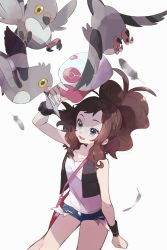 Rule 34 | 1girl, antenna hair, arm up, baseball cap, bird, black wristband, brown hair, clenched hand, commentary, creatures (company), eyelashes, feathers, game freak, gen 5 pokemon, hat, highres, hilda (pokemon), holding, holding clothes, holding hat, long hair, misha (ohds101), nintendo, open clothes, open mouth, open vest, pidove, pokemon, pokemon (creature), pokemon bw, ponytail, shirt, short shorts, shorts, sidelocks, simple background, smile, symbol-only commentary, tongue, unworn hat, unworn headwear, vest, white background, white shirt, wristband