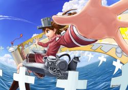 Rule 34 | 10s, 1girl, abazu-red, afloat, blue sky, brown eyes, brown hair, cloud, cloudy sky, day, fisheye, flight deck, from side, horizon, japanese clothes, kantai collection, kariginu, long hair, machinery, magatama, ocean, outstretched arms, perspective, pleated skirt, ryuujou (kancolle), scroll, shikigami, skirt, sky, solo, spread arms, twintails, visor cap