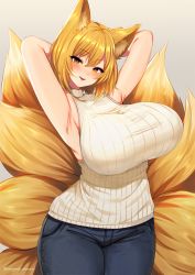 Rule 34 | 1girl, alternate costume, animal ear fluff, animal ears, armpits, arms behind head, arms up, blonde hair, blue pants, blush, breasts, cowboy shot, curvy, denim, fox ears, fox girl, fox tail, grey background, hair between eyes, head tilt, huge breasts, jeans, kitsune, looking at viewer, marota, multiple tails, open mouth, pants, ribbed sweater, short hair, simple background, sleeveless, sleeveless sweater, sleeveless turtleneck, smile, solo, standing, sweater, tail, thick thighs, thighs, touhou, turtleneck, white sweater, wide hips, yakumo ran, yellow eyes