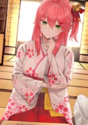 Rule 34 | 1girl, absurdres, ahoge, bell, closed mouth, commission, floral print, green eyes, hair bell, hair between eyes, hair ornament, hakama, hakama skirt, hand up, highres, hololive, indoors, japanese clothes, jingle bell, kimono, long hair, long sleeves, looking away, nail polish, one side up, pink nails, print kimono, red hair, red hakama, rushian, sakura miko, second-party source, skeb commission, skirt, solo, virtual youtuber, white kimono, x hair ornament