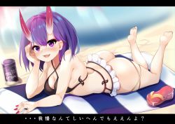 Rule 34 | 1girl, :3, absurdres, akiba monaka, ass, bare arms, bare legs, bare shoulders, beach, beach towel, bikini, blush, bob cut, breasts, cleavage, commentary request, day, eyeshadow, fate/grand order, fate (series), feet, feet up, frilled bikini, frills, full body, gradient horns, hair between eyes, hand up, highres, horns, legs, letterboxed, light blush, looking at viewer, lying, makeup, multicolored horns, nail polish, on stomach, open mouth, outdoors, purple eyes, purple hair, red eyeshadow, red footwear, red horns, red nails, sandals, short hair, shuten douji (fate), skin-covered horns, soles, solo, swimsuit, towel, translation request, unworn sandals