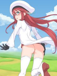 Rule 34 | 1girl, anus, ass, aty (summon night), blue eyes, blush, boots, censored, cloud, from behind, glasses, gloves, hat, highres, hou (hachiyou), lab coat, legs, long hair, looking back, no panties, open mouth, pussy, red hair, sky, solo, standing, summon night, summon night 3, thigh boots, thighhighs, thighs