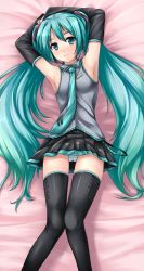 Rule 34 | 1girl, armpits, arms up, bed, blush, dakimakura (medium), detached sleeves, flat chest, green eyes, green hair, hatsune miku, highres, light smile, long hair, looking at viewer, lying, matching hair/eyes, necktie, on back, panties, pantyshot, skirt, solo, striped clothes, striped panties, thighhighs, twintails, underwear, uni8, upskirt, very long hair, vocaloid