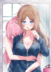 Rule 34 | 2girls, absurdres, bang dream!, bang dream! it&#039;s mygo!!!!!, blue eyes, blue shirt, blush, breasts, brown hair, brushing teeth, chihaya anon, cleavage, closed mouth, collared shirt, commentary, commentary request, dress shirt, highres, holding, holding toothbrush, hug, hug from behind, indoors, large breasts, long hair, looking at mirror, looking at viewer, meu203, mirror, multiple girls, nagasaki soyo, nude, pajamas, pink hair, shirt, sidelocks, toothbrush, toothbrush in mouth, yuri