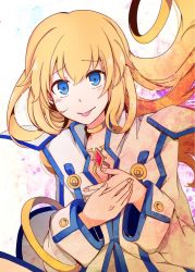 Rule 34 | 00s, 1girl, blonde hair, blue eyes, blush, colette brunel, dress, jewelry, long hair, tales of (series), tales of symphonia, tongue, tongue out, weapon