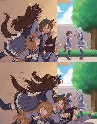 Rule 34 | 6+girls, animal ears, back bow, blue eyes, blush, bow, bowtie, brown footwear, brown hair, comic, commentary request, ear covers, el condor pasa (umamusume), eye mask, golden generation (umamusume), grass wonder (umamusume), green hair, hair ornament, hairband, hairclip, height difference, highres, horse ears, horse girl, horse tail, king halo (umamusume), light brown hair, loafers, long hair, long sleeves, multicolored hair, multiple girls, nishino flower (umamusume), one eye closed, pleated skirt, ponytail, purple shirt, purple skirt, purple thighhighs, red eyes, rio (rio 067), school uniform, seiun sky (umamusume), shirt, shoes, short hair, single ear cover, skirt, special week (umamusume), tail, thighhighs, tracen school uniform, two-tone hair, umamusume, valentine, white bow, white bowtie, white hair, zettai ryouiki