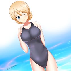 Rule 34 | 1girl, arm behind back, black one-piece swimsuit, blonde hair, blue eyes, blush, braid, breasts, commentary request, competition swimsuit, darjeeling (girls und panzer), dutch angle, girls und panzer, hand on own shoulder, highleg, highres, large breasts, looking at viewer, one-piece swimsuit, one eye closed, parted lips, partial commentary, ryuuji-san, school swimsuit, short hair, solo, swimsuit, thigh gap, thighs, twin braids, twitter username, wet