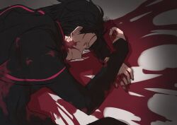 Rule 34 | 1boy, alternate costume, bad end, black hair, black robe, blood, blood in hair, blood on clothes, blood on face, blood on hands, blood splatter, empty eyes, evil grin, evil smile, grin, hair slicked back, highres, inawa akito, long sleeves, looking at viewer, lying, male focus, messy hair, natsuki subaru, on ground, on stomach, re:zero kara ayamatsu isekai seikatsu, re:zero kara hajimeru isekai seikatsu, red eyes, robe, short hair, sideways mouth, sleeves past wrists, smile, solo, white background, wide-eyed