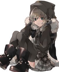 Rule 34 | 1girl, black gloves, black thighhighs, blush, cape, cloak, commentary request, fate/grand order, fate (series), fur trim, gloves, gray (fate), green eyes, grey hair, hair between eyes, highres, hood, hood up, kamo860, long hair, long sleeves, looking at viewer, lord el-melloi ii case files, short hair, skirt, solo, thighhighs