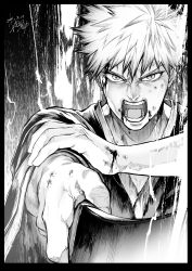 Rule 34 | 1boy, absurdres, black background, bleach, blood, blood on face, dated, greyscale, highres, hiraoka koushi, japanese clothes, kurosaki ichigo, looking at viewer, male focus, monochrome, open mouth, short hair, signature, solo, spiked hair, sword, weapon