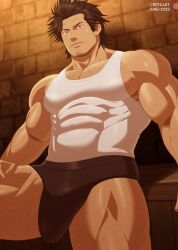 Rule 34 | 1boy, absurdres, against wall, arm hair, bara, black clover, black hair, boxer briefs, brick wall, chest hair, covered abs, crestren, facial hair, feet out of frame, from below, goatee stubble, hairy, highres, impossible clothes, large pectorals, leg hair, looking at viewer, male focus, male underwear, mature male, muscular, muscular male, mustache stubble, paid reward available, pectoral cleavage, pectorals, seductive smile, short hair, sideburns stubble, sidepec, smile, solo, standing, strongman waist, stubble, tank top, thick thighs, thighs, underwear, white tank top, yami sukehiro