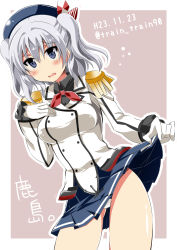 Rule 34 | 10s, 1girl, beret, blue eyes, blush, breasts, buttons, clothes lift, epaulettes, frilled sleeves, frills, gloves, hat, jacket, kantai collection, kashima (kancolle), kerchief, large breasts, long sleeves, military, military uniform, miniskirt, open mouth, panties, pleated skirt, sidelocks, silver hair, skirt, skirt lift, solo, train 90, twintails, twitter username, underwear, uniform, wavy hair, white gloves, white panties