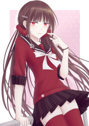 Rule 34 | 1girl, blunt bangs, brown hair, collarbone, commentary request, danganronpa (series), danganronpa v3: killing harmony, hair ornament, hairclip, harukawa maki, highres, long hair, looking at viewer, low twintails, mole, mole under eye, plaid, pleated skirt, pointing, pointing at self, red eyes, red scrunchie, red shirt, red thighhighs, school uniform, scrunchie, serafuku, shirt, simple background, skirt, solo, sweatdrop, thighhighs, twintails, wristband, youzora