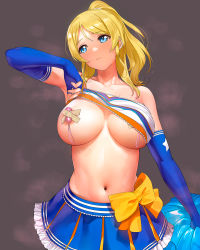 Rule 34 | 1girl, a1 (initial-g), areola slip, ayase eli, bare shoulders, blonde pubic hair, blue eyes, blue gloves, blue skirt, blush, bow, breasts, cheerleader, closed mouth, clothes lift, cowboy shot, crop top, crop top lift, duct tape, egg vibrator, elbow gloves, fingerless gloves, frilled skirt, frills, gloves, grey background, head tilt, holding, holding pom poms, large breasts, lifting own clothes, looking away, looking to the side, love live!, love live! school idol project, medium hair, midriff, miniskirt, navel, nipple stimulation, one breast out, orange bow, pom pom (cheerleading), pom poms, ponytail, sex toy, shirt, shirt lift, sidelocks, skirt, sleeveless, solo, standing, steaming body, stomach, strapless, strapless shirt, swept bangs, swimsuit, tube top, tube top lift, underboob, vibrator, vibrator on nipple