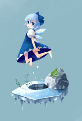 Rule 34 | 1girl, barefoot, blue hair, cirno, dress, embodiment of scarlet devil, female focus, frog, nature, nazuna akaru, plant, ribbon, simple background, solo, touhou, wings